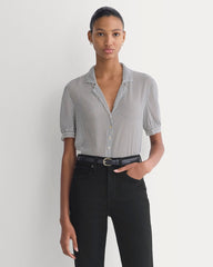Notch Collar Shirt in Silk Georgette | Gardenia/Black Micro Dot