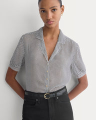 Notch Collar Shirt in Silk Georgette | Gardenia/Black Micro Dot