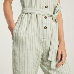 The Linen Jumpsuit | Seafoam Pinstripe