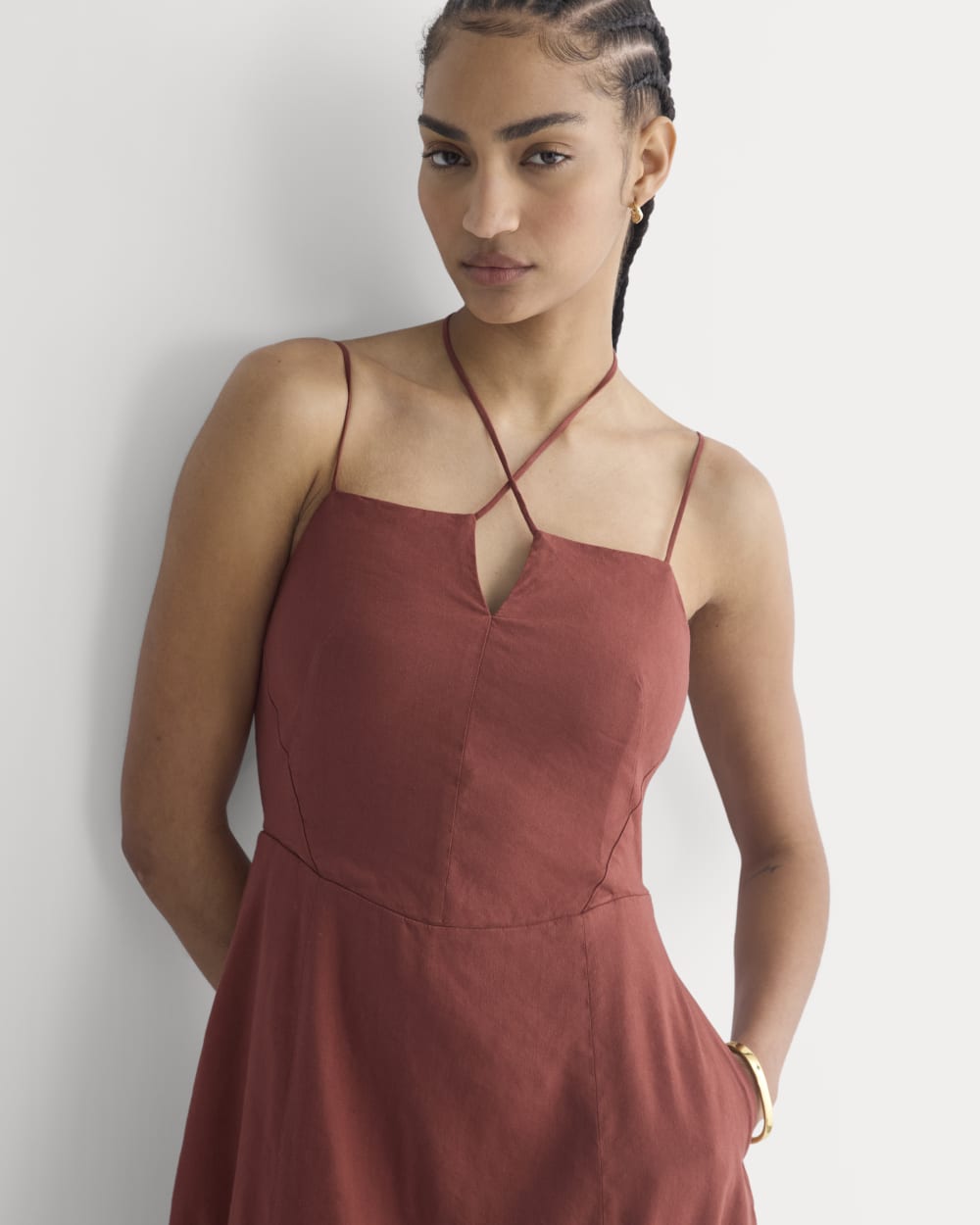 Tie-Neck Dress in Stretch Linen | Henna Red