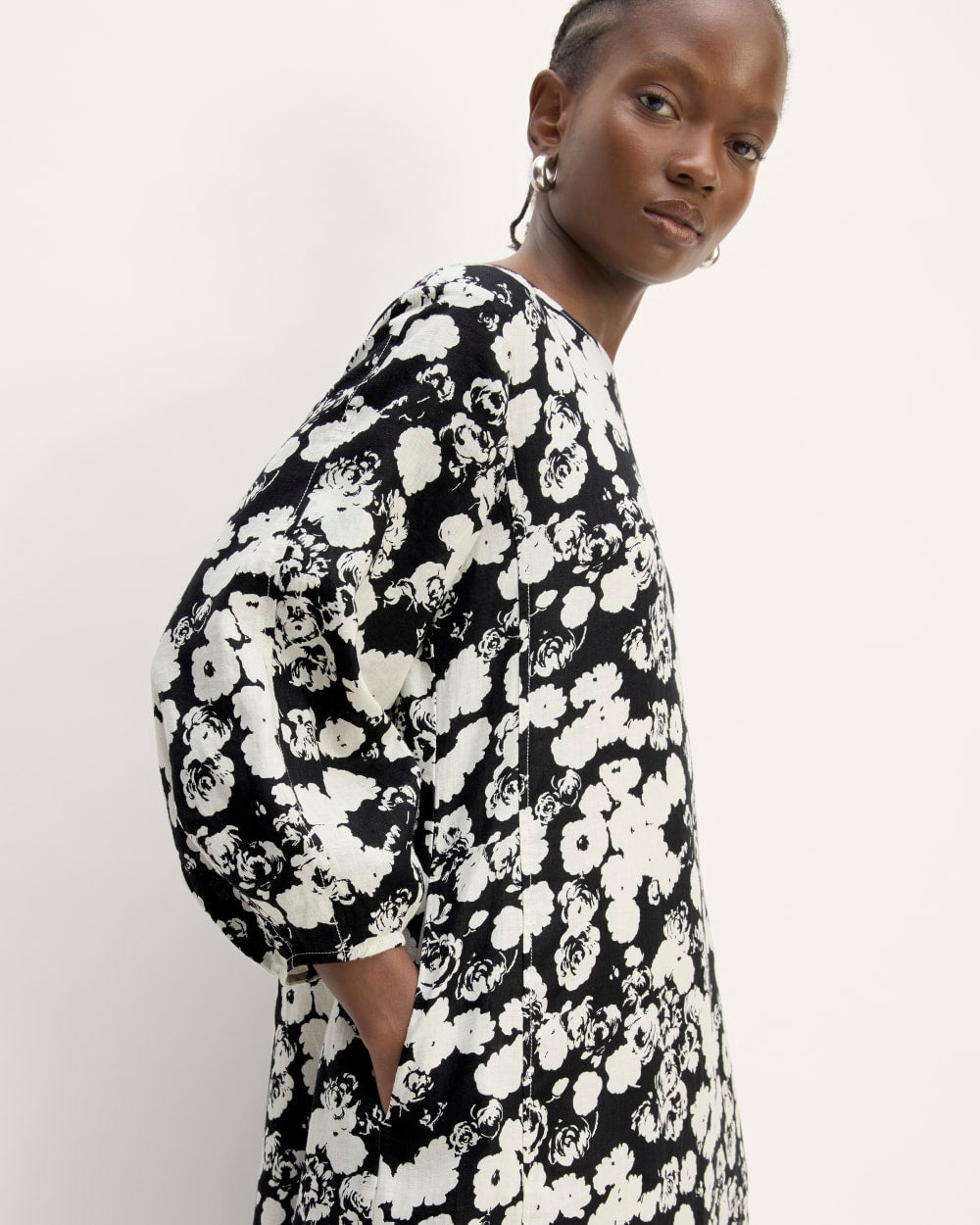 The Linen A-Line Midi Dress | Black / Bone Floral