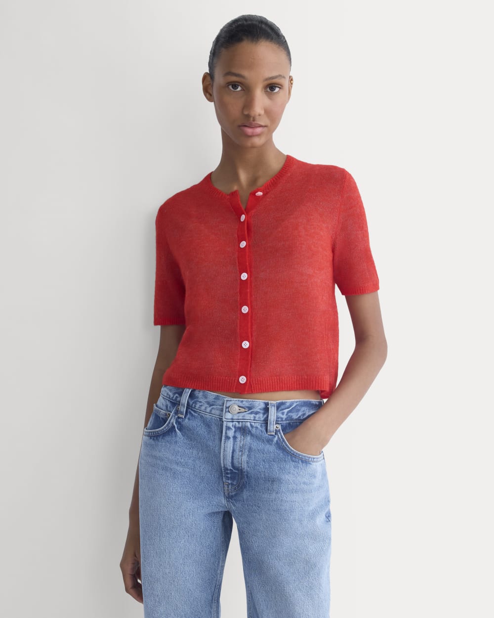 The Air Alpaca鈩?Short-Sleeve Cardigan | Fiery Red